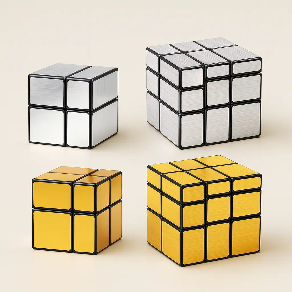 Four Rubik's Cube variants on a beige background
