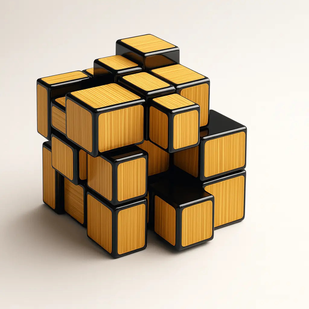 Stack of wooden cubes with black edges on a beige background