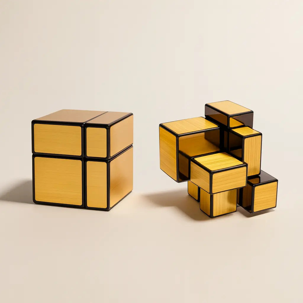Gold and black Rubik's Cube-like puzzle on a beige background