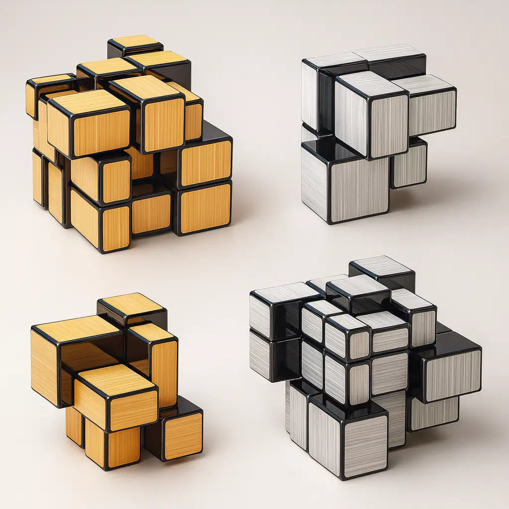 Three different configurations of a Rubik's Cube-like puzzle on a light gray background