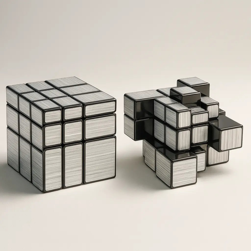 Two metallic cube puzzles on a light background