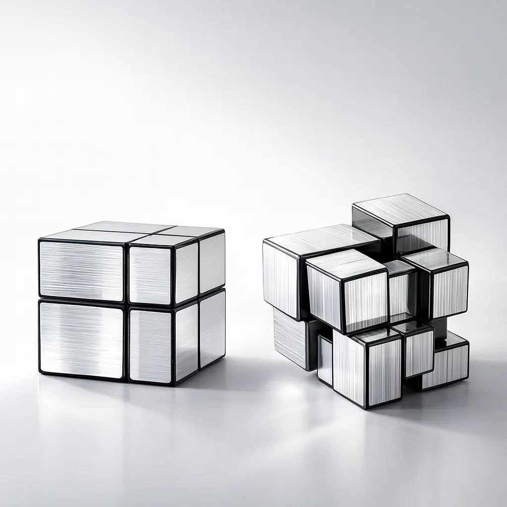 Two metallic cube puzzles on a reflective surface with a light gray background