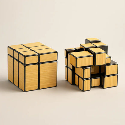 Gold and black Rubik's Cube-like puzzle on a beige background