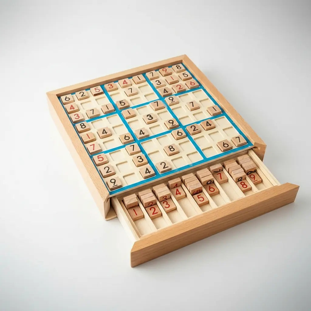 Wooden Sudoku puzzle game with numbers on a light gray background